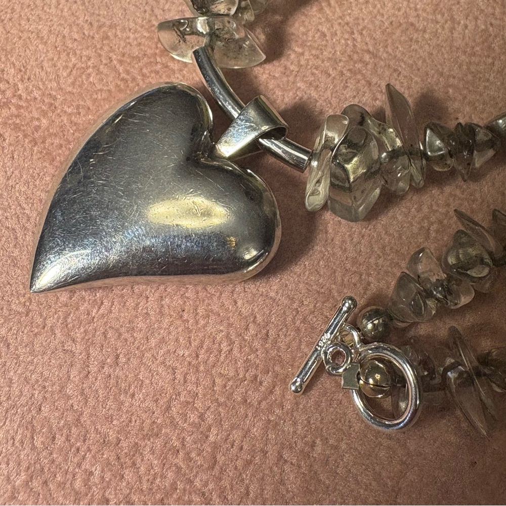Sterling Silver Heart Pendant on Quartz Beaded Necklace.
